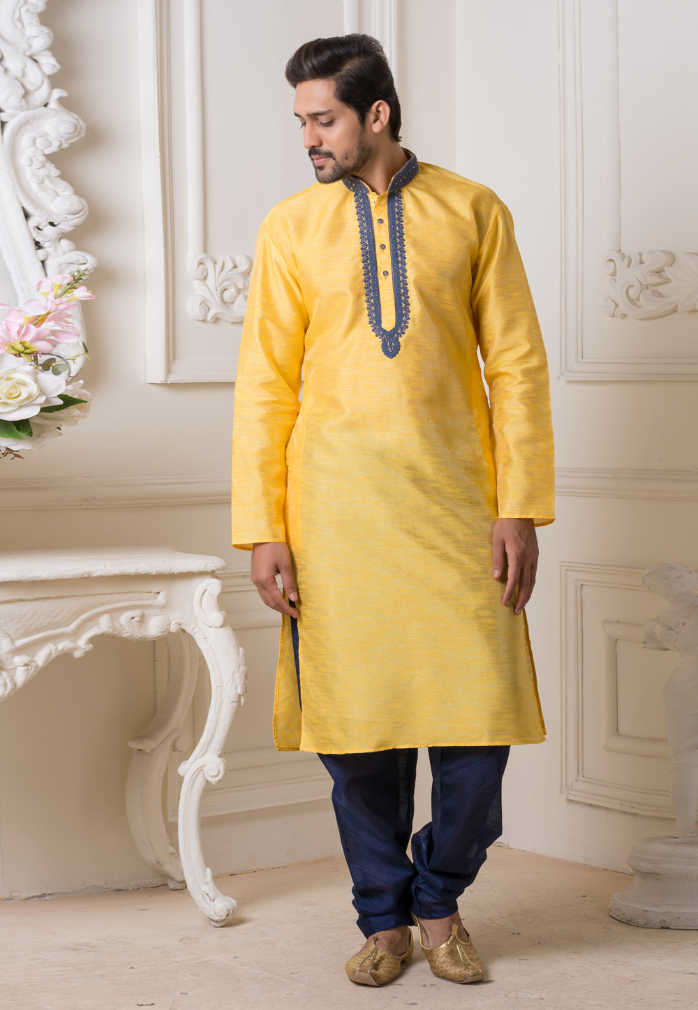 Yellow Silk Readymade Kurta Pajama 190856