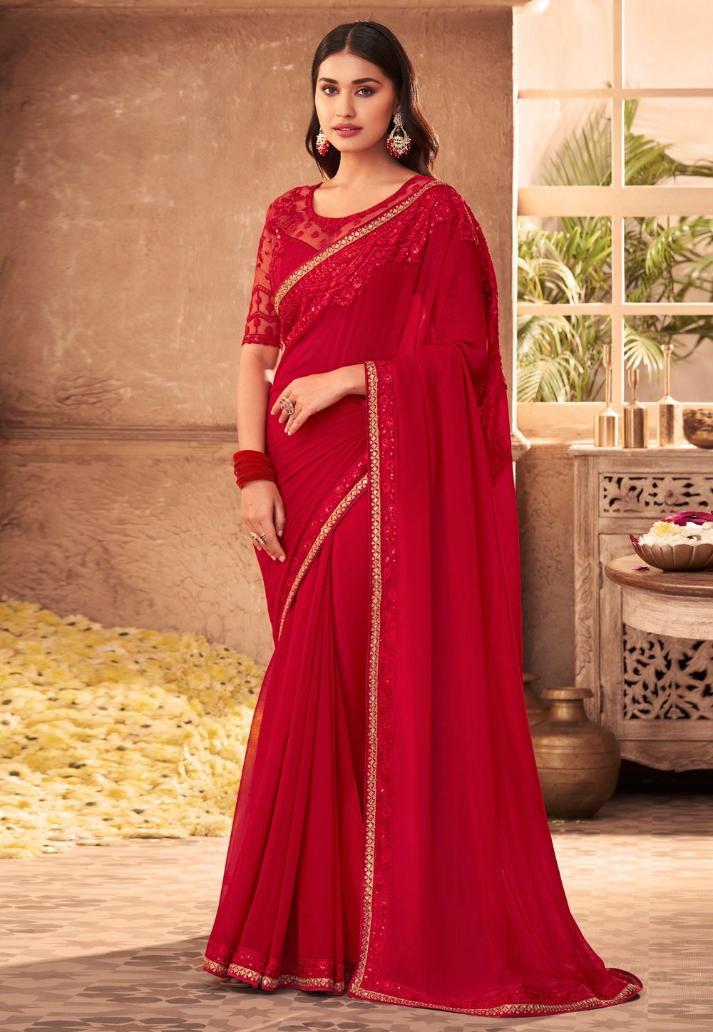 Red Georgette Saree With Blouse 240281
