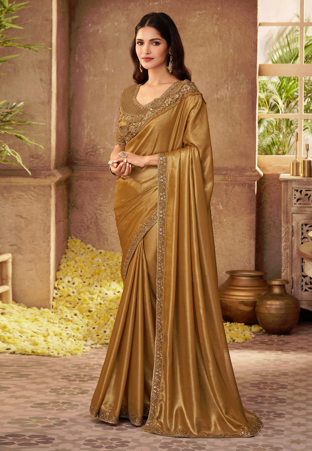 Golden Silk Saree With Blouse 240283