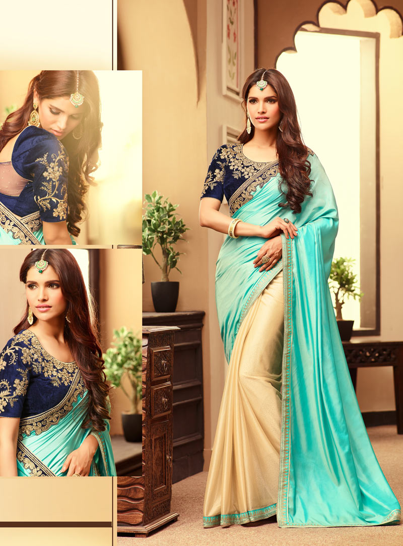 Turquoise Silk Half N Half Saree With Embroidered Blouse 88211