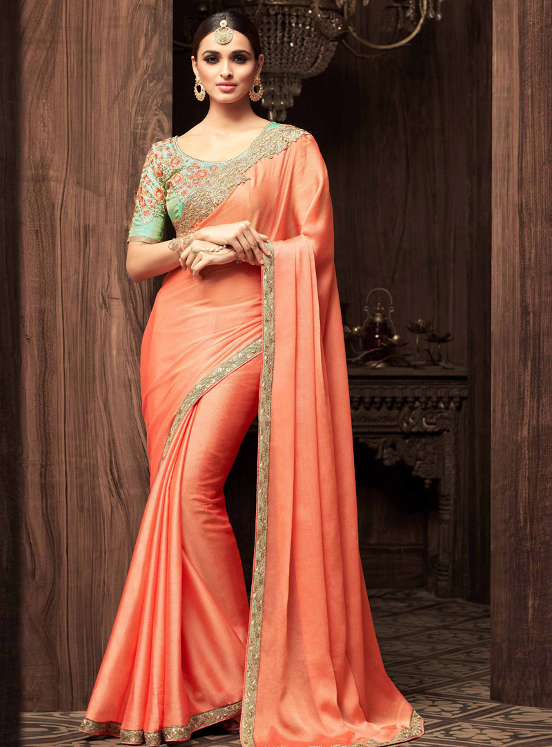 Peach Silk Saree With Embroidered Blouse 101059