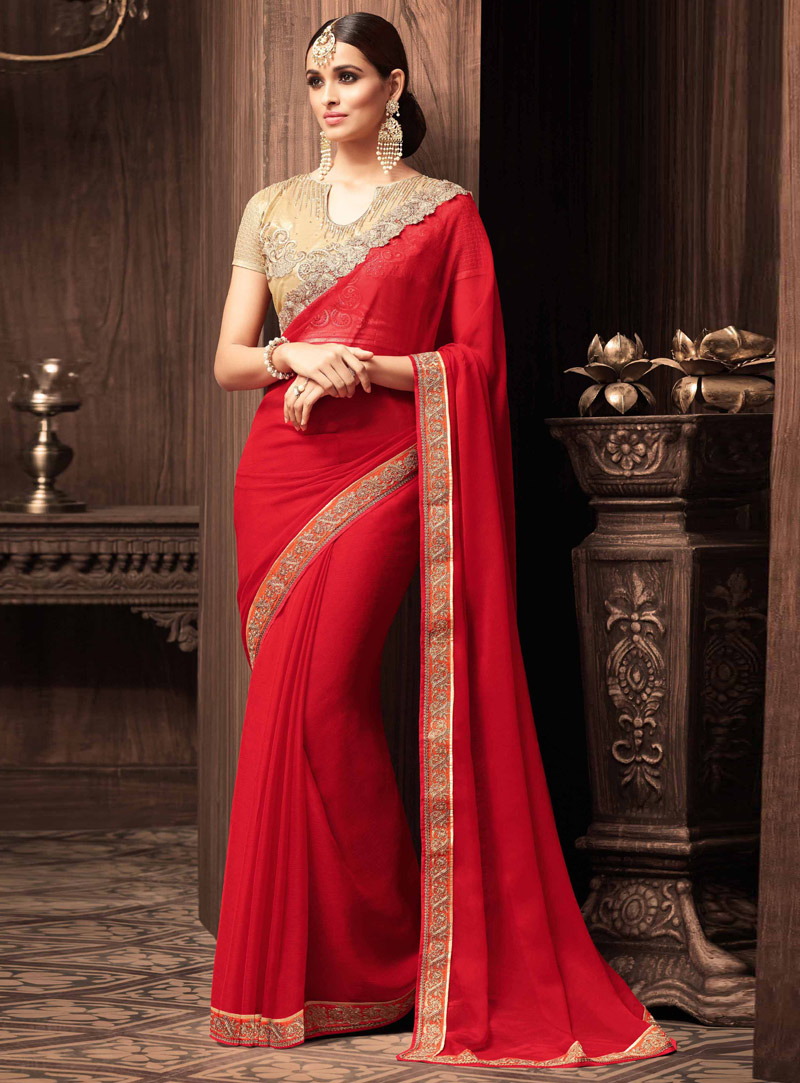 Red Georgette Saree With Heavy Blouse 101061