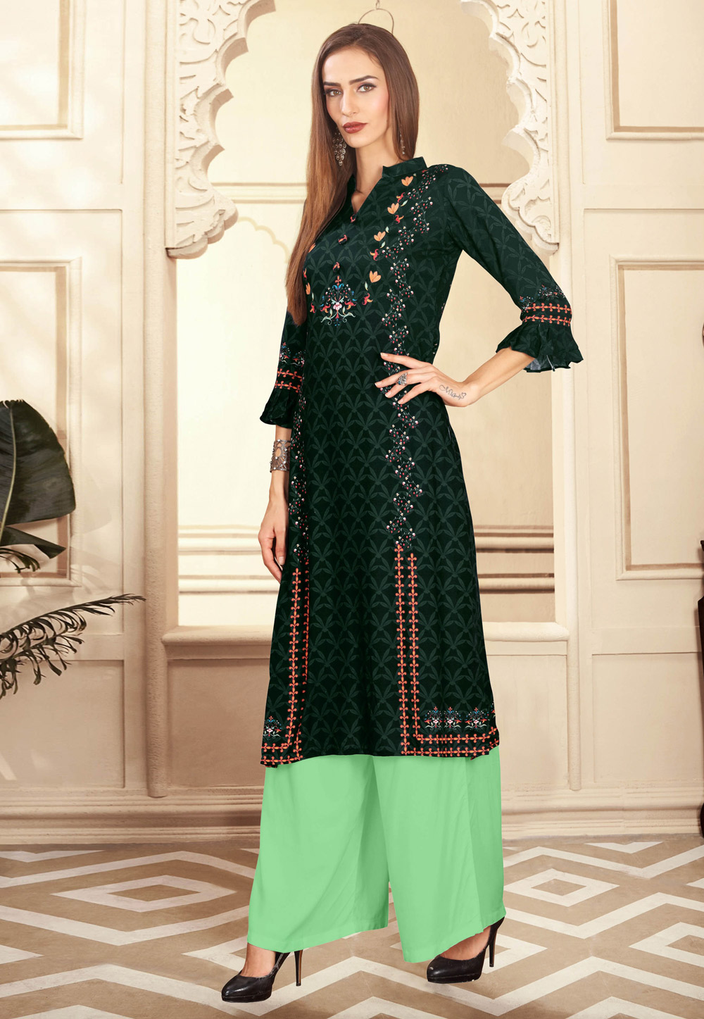 Green Rayon Readymade Palazzo Style Suit 187019