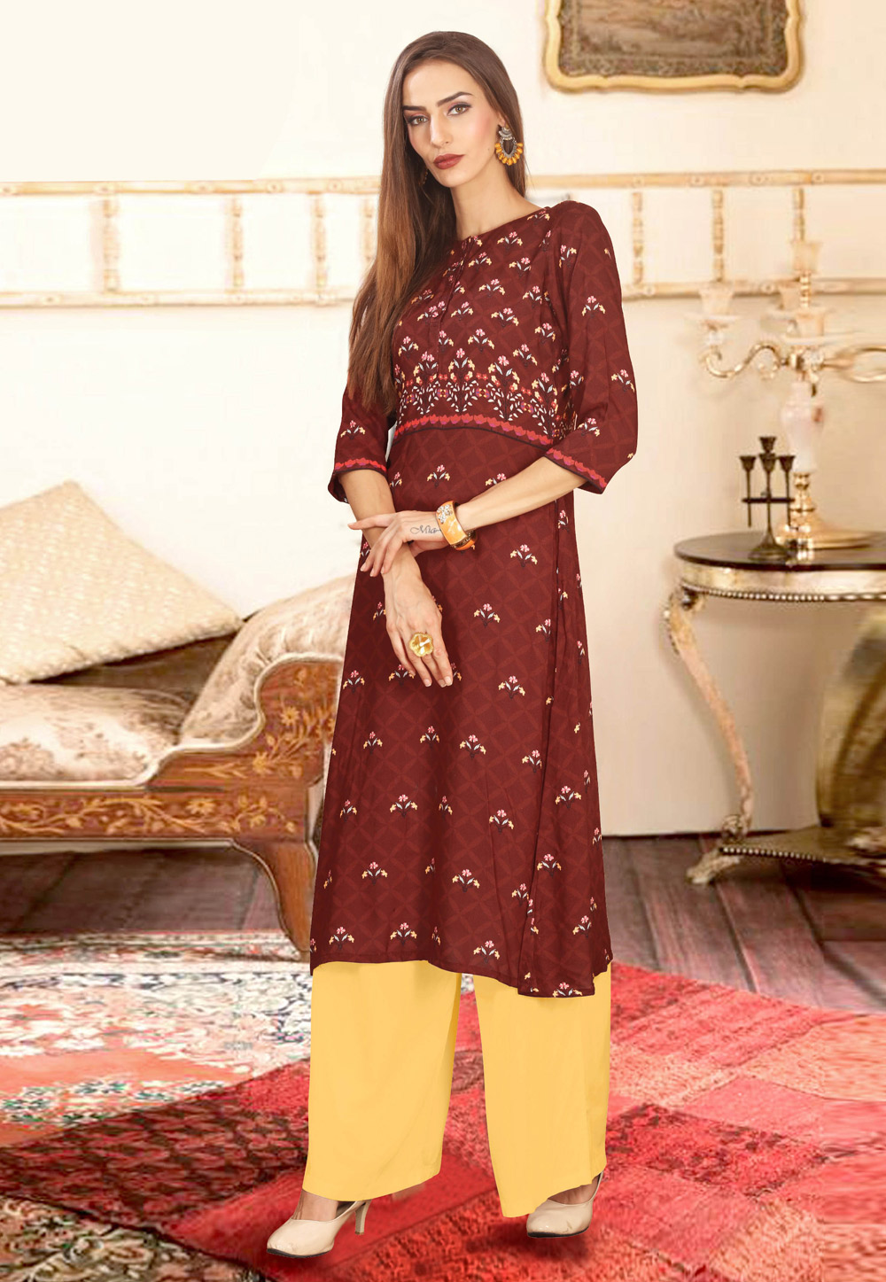Maroon Rayon Readymade Palazzo Style Suit 187023