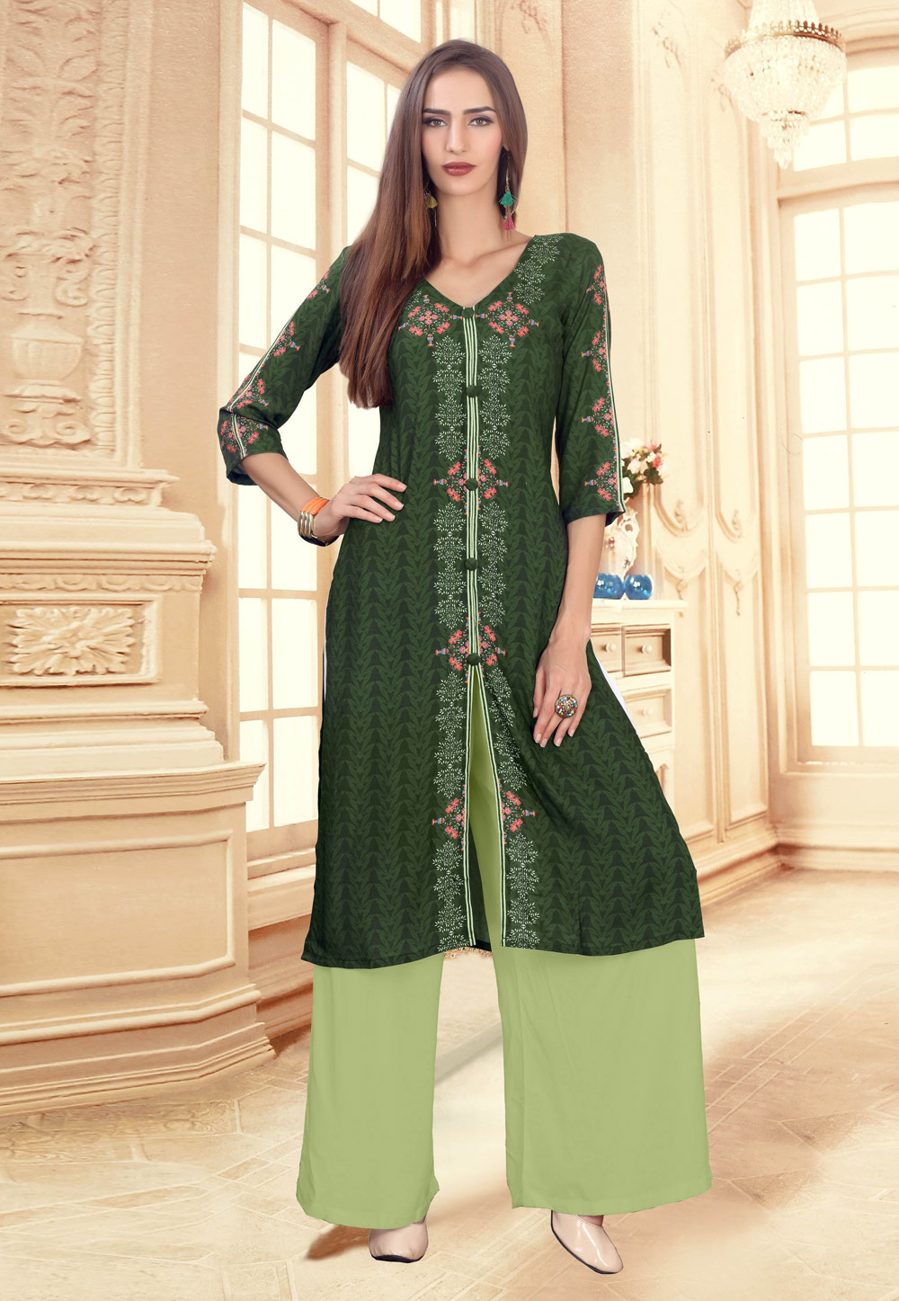 Green Rayon Readymade Palazzo Style Suit 187027