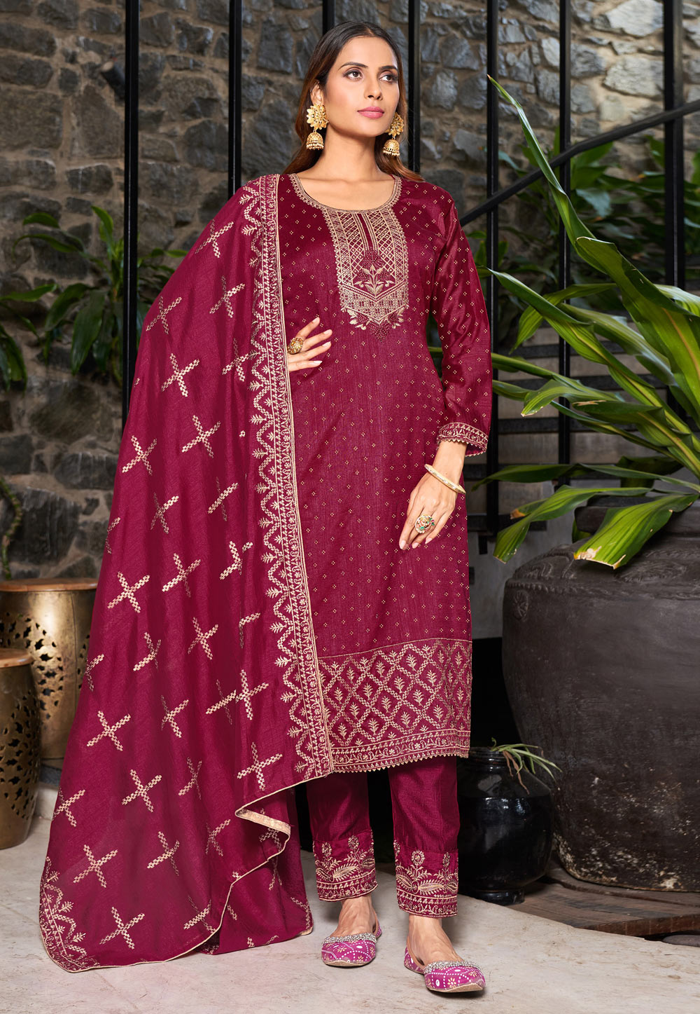 Magenta Silk Pant Style Suit 268493