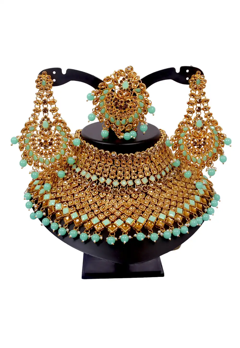 Sea Green Alloy Austrian Diamonds and Kundan Necklace Set With Earrings and Maang Tikka 292909