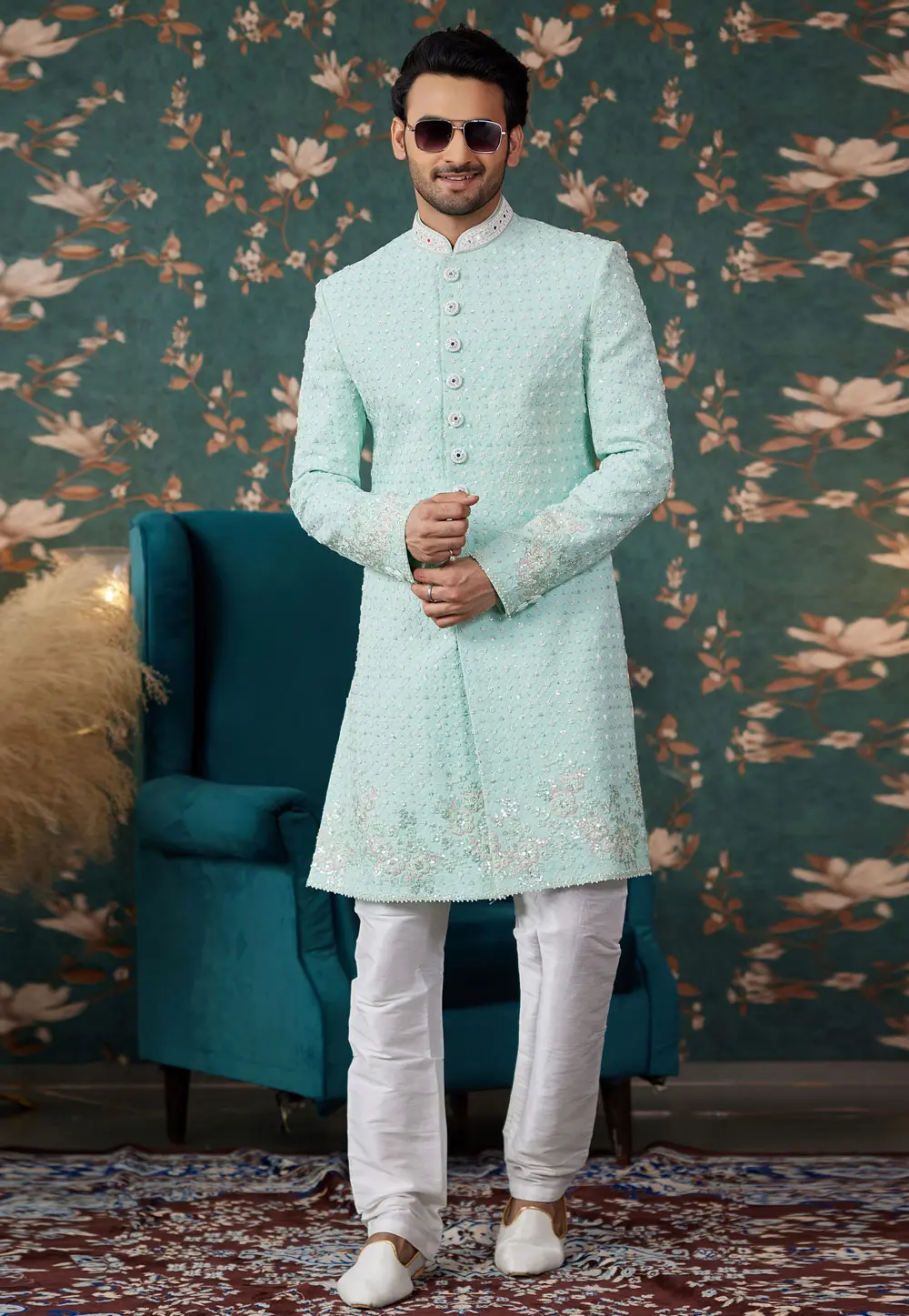 Sea Green Art Silk Achkan Style Sherwani 299198