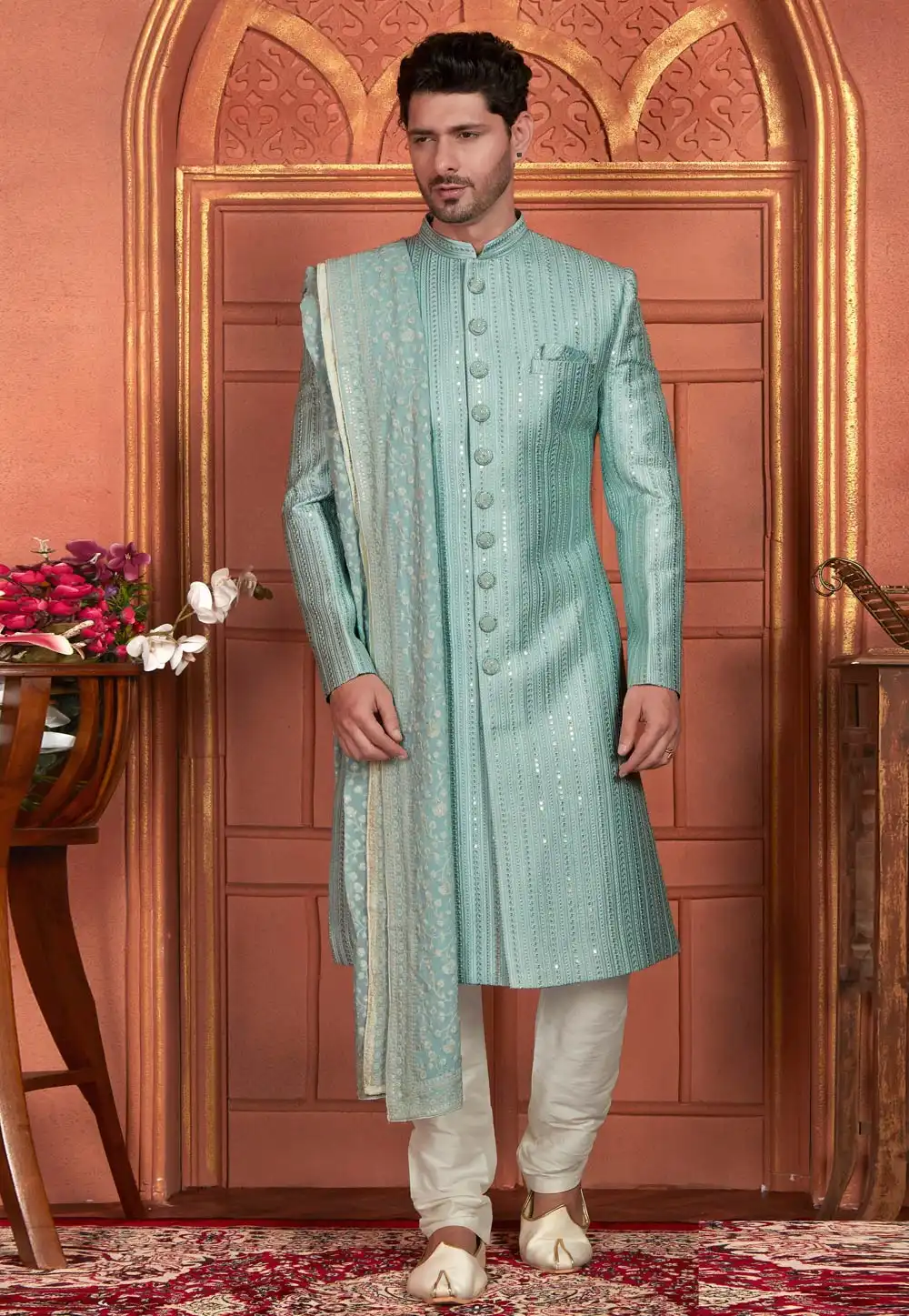 Sea Green Art Silk Achkan Style Sherwani With Stole 291303