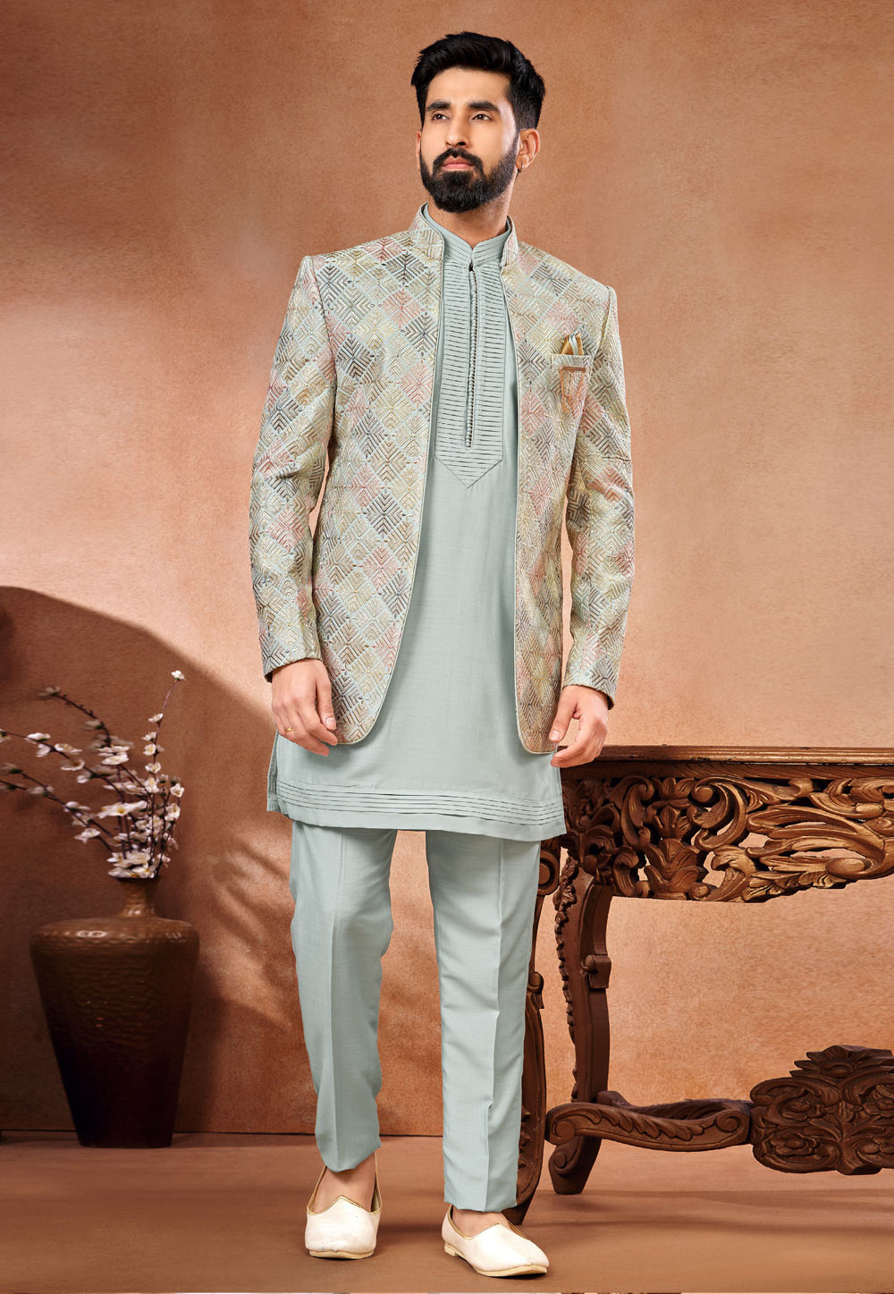 Sea Green Art Silk Indo Western Suit 280268