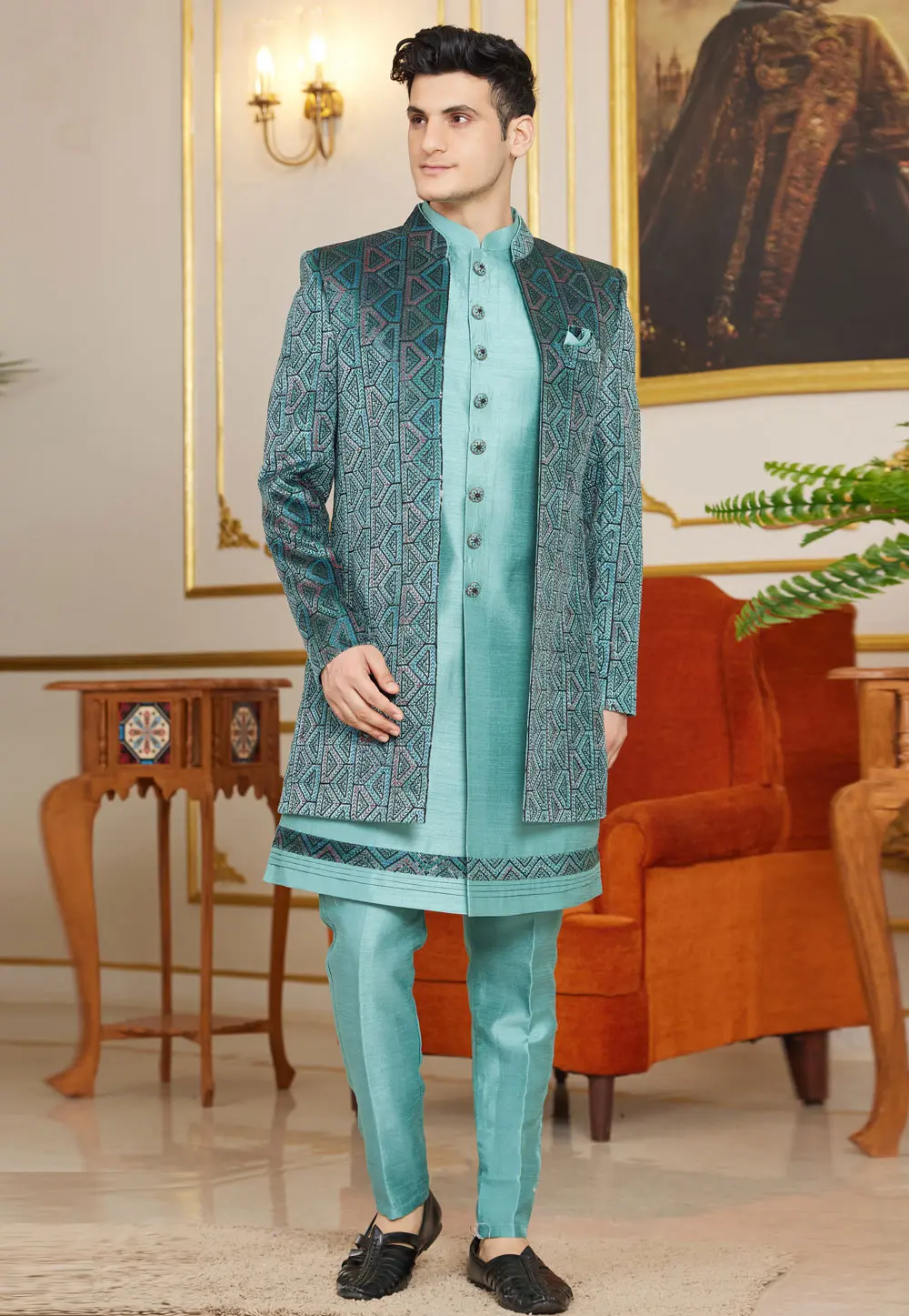 Sea Green Art Silk Jacket Style Sherwani 302208