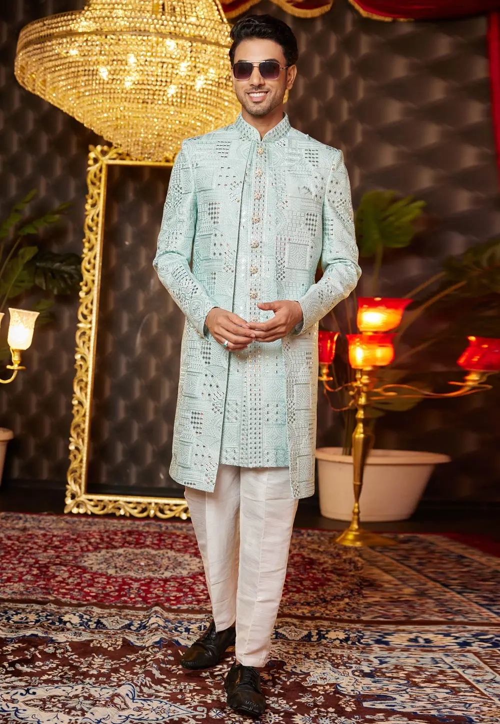 Sea Green Art Silk Jacket Style Sherwani 299179