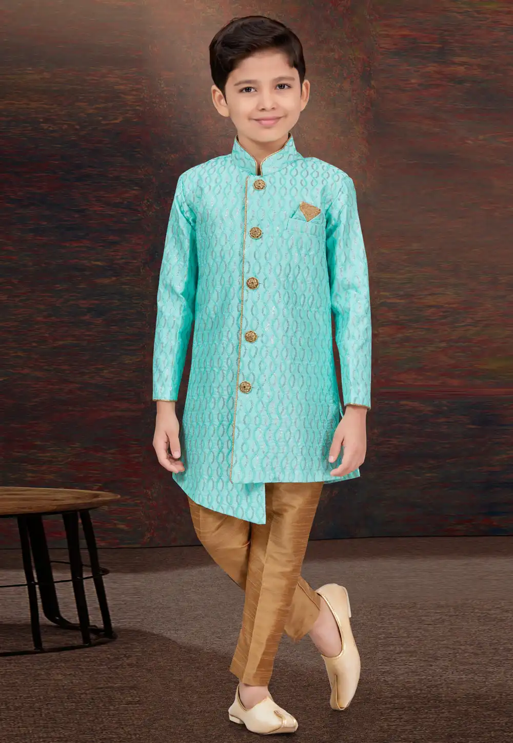 Sea Green Art Silk Kids Indo Western Sherwani 294932