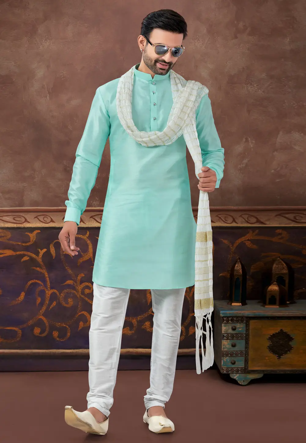 Sea Green Art Silk Kurta Pajama 296909