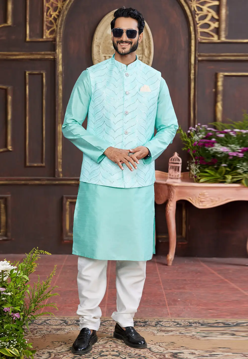 Sea Green Art Silk Kurta Pajama With Jacket 295238