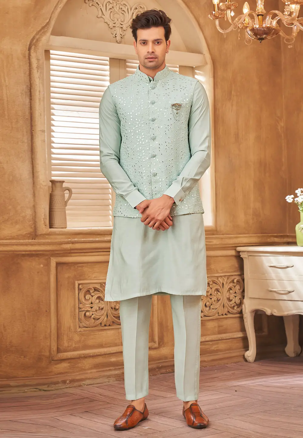 Sea Green Art Silk Kurta Pajama With Jacket 296657