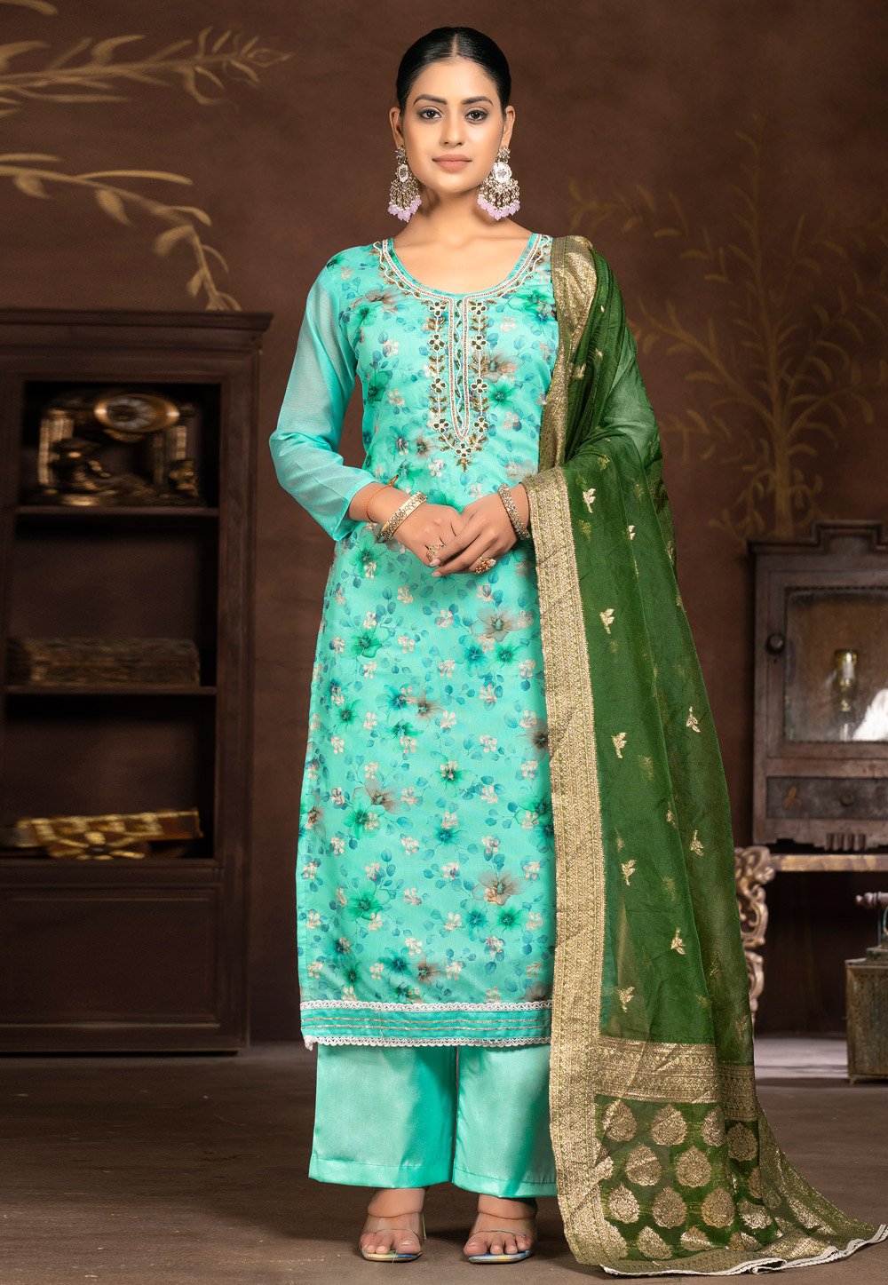 Turquoise Art Silk Pakistani Suit 281054