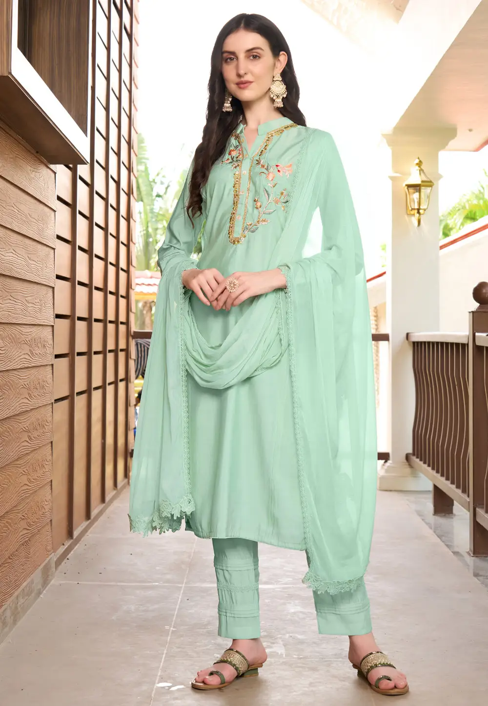 Sea Green Art Silk Readymade Pant Style Suit 296767