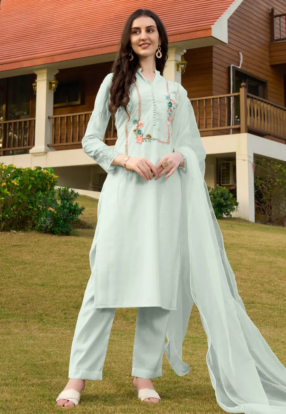 Sea Green Art Silk Readymade Pant Style Suit 303326