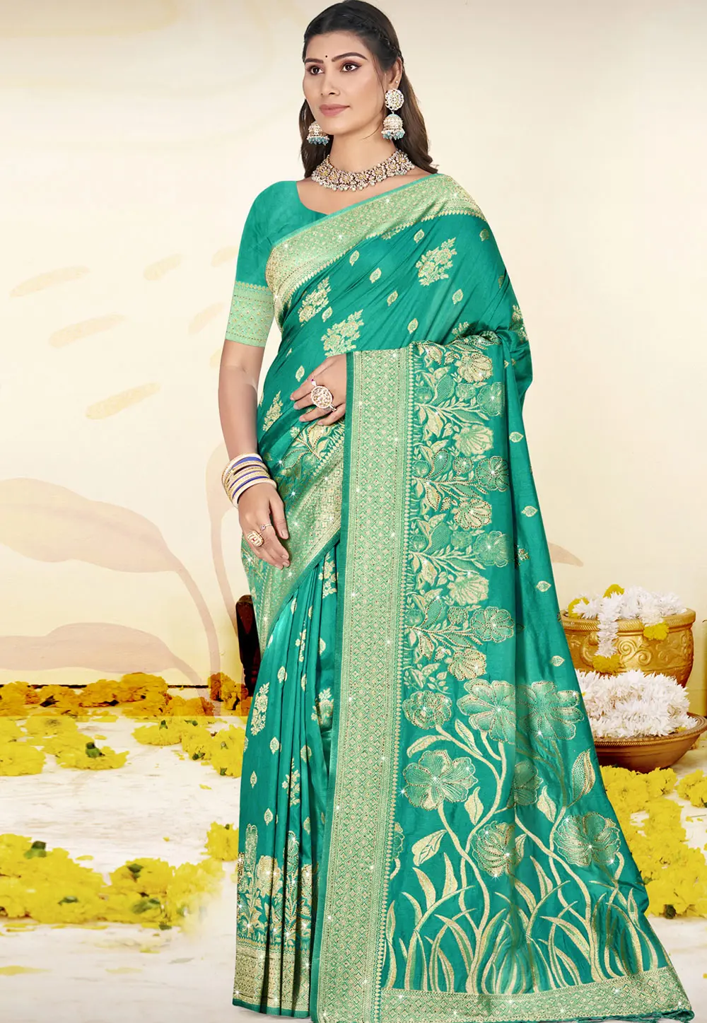 Sea Green Art Silk Saree With Blouse 303040