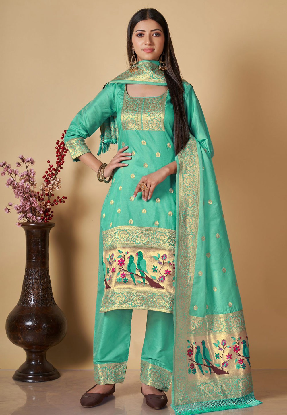 Sea Green Banarasi Silk Pant Style Suit 285416