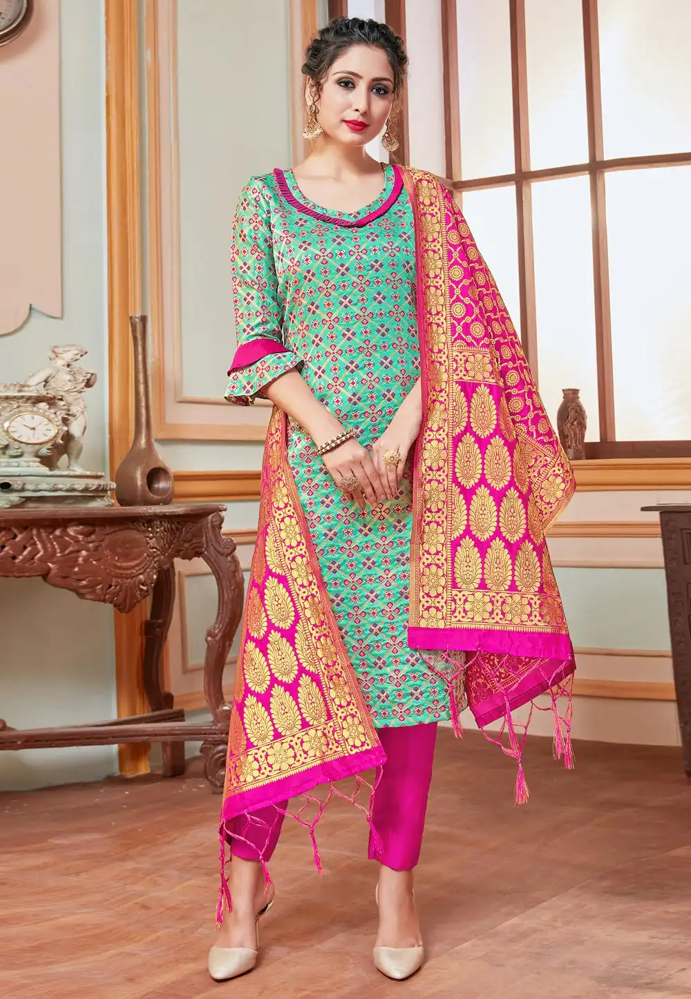 Sea Green Banarasi Silk Readymade Pakistani Suit 288940