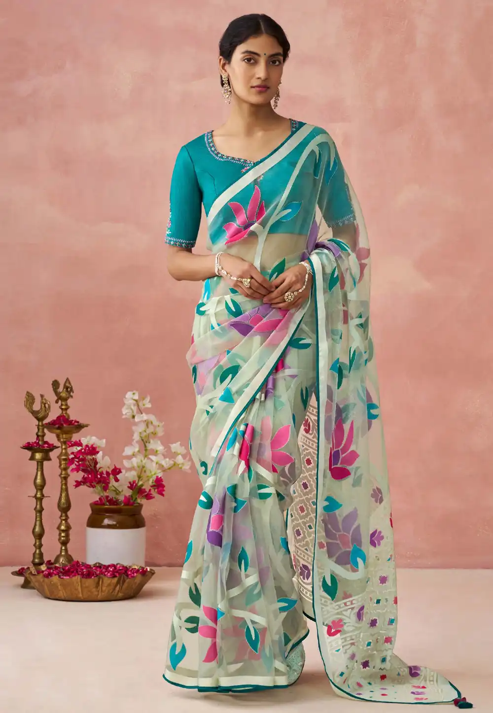 Sea Green Brasso Saree With Blouse 292002