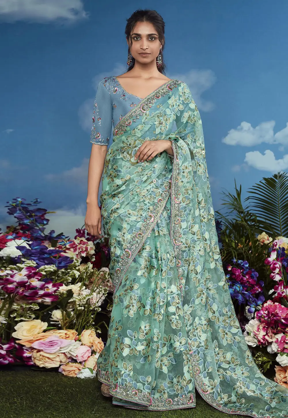 Sea Green Brasso Saree With Blouse 296144