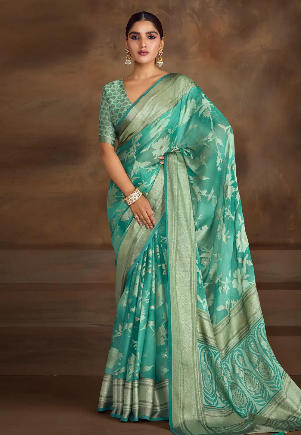 Sea Green Brasso Saree With Blouse 302239