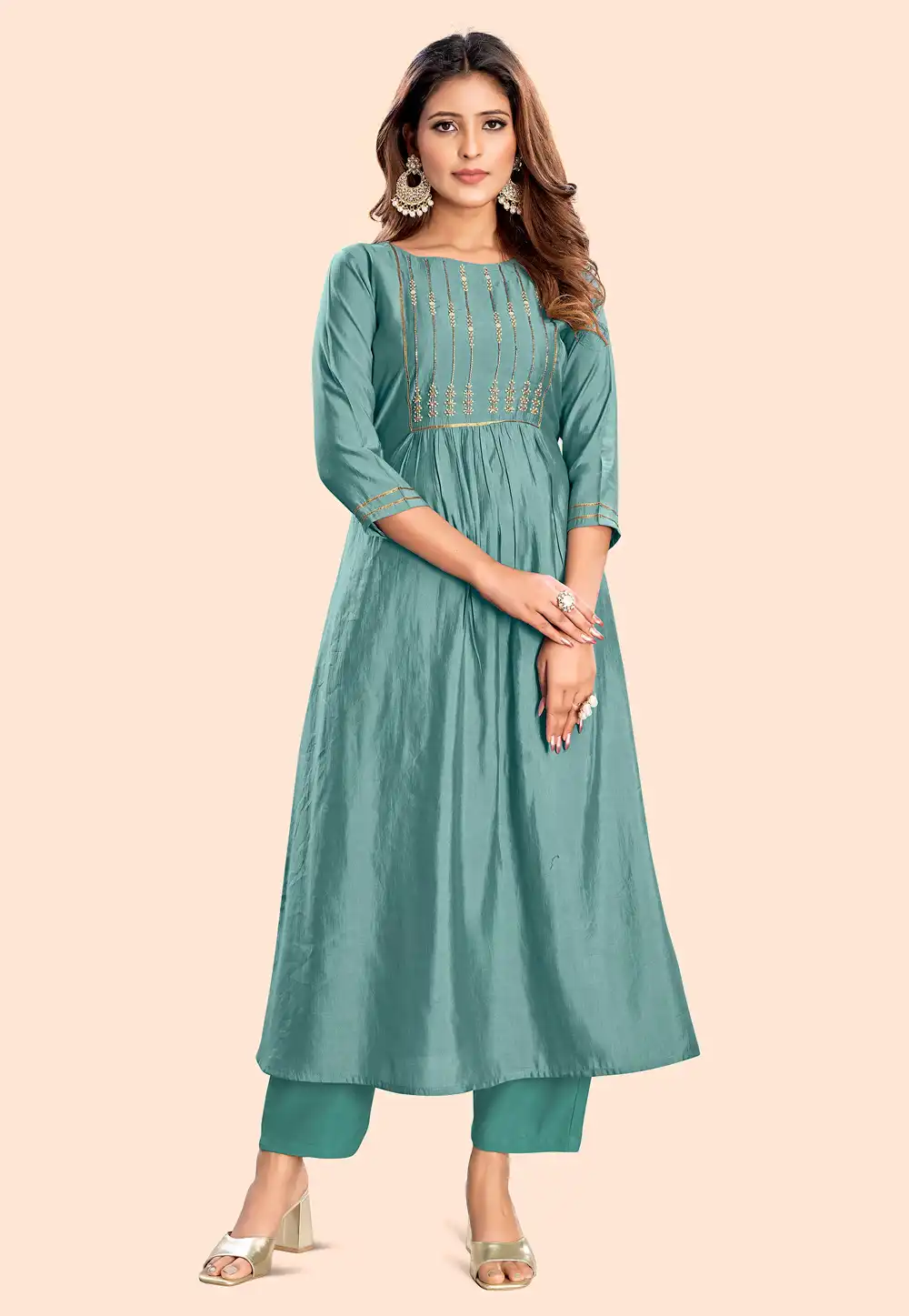 Sea Green Chanderi Kurta Set With Pent 288363