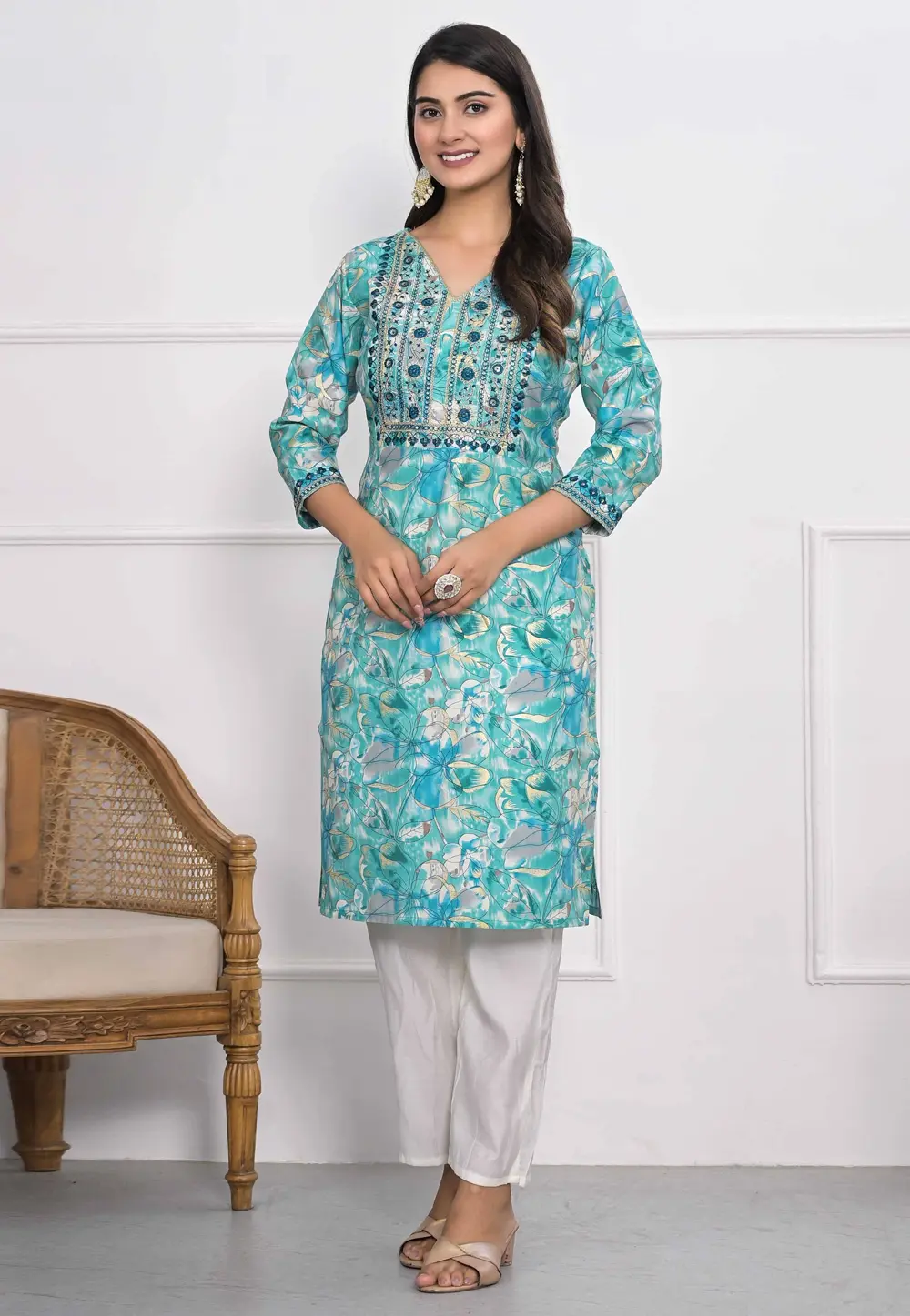 Sea Green Chanderi Printed Kurti 304235