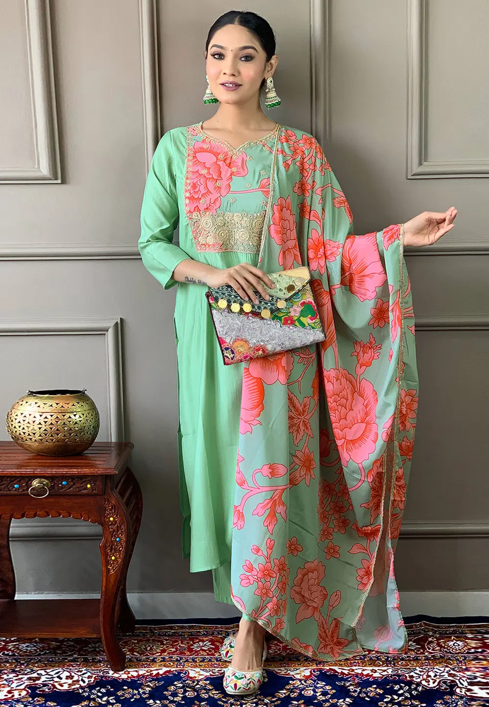 Sea Green Chanderi Readymade Pant Style Suit 301897