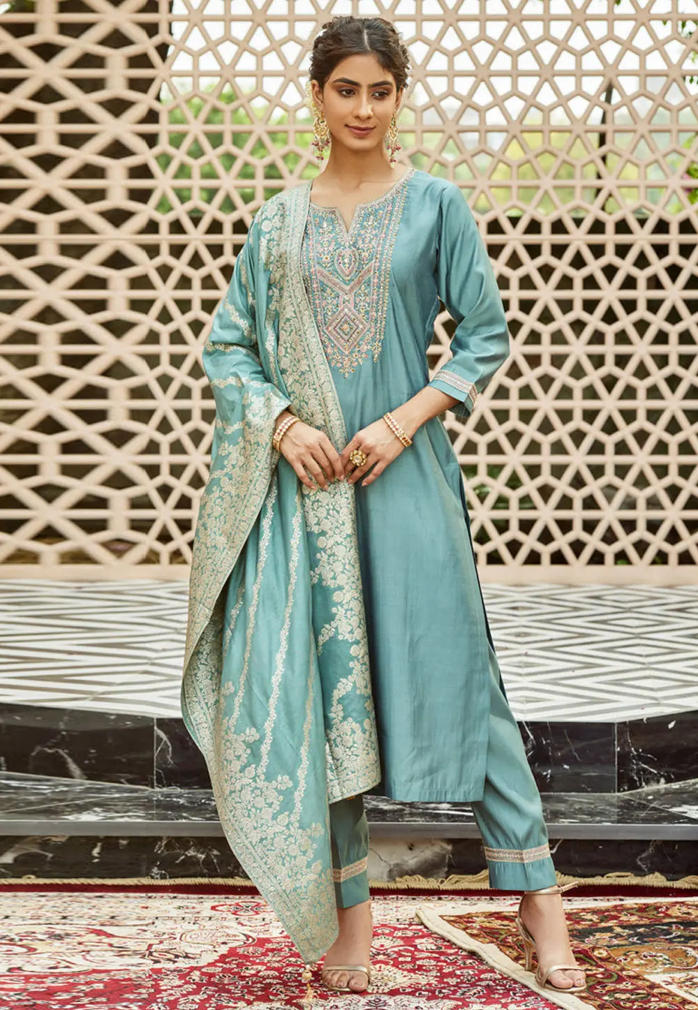 Sea Green Chanderi Readymade Pant Style Suit 303846