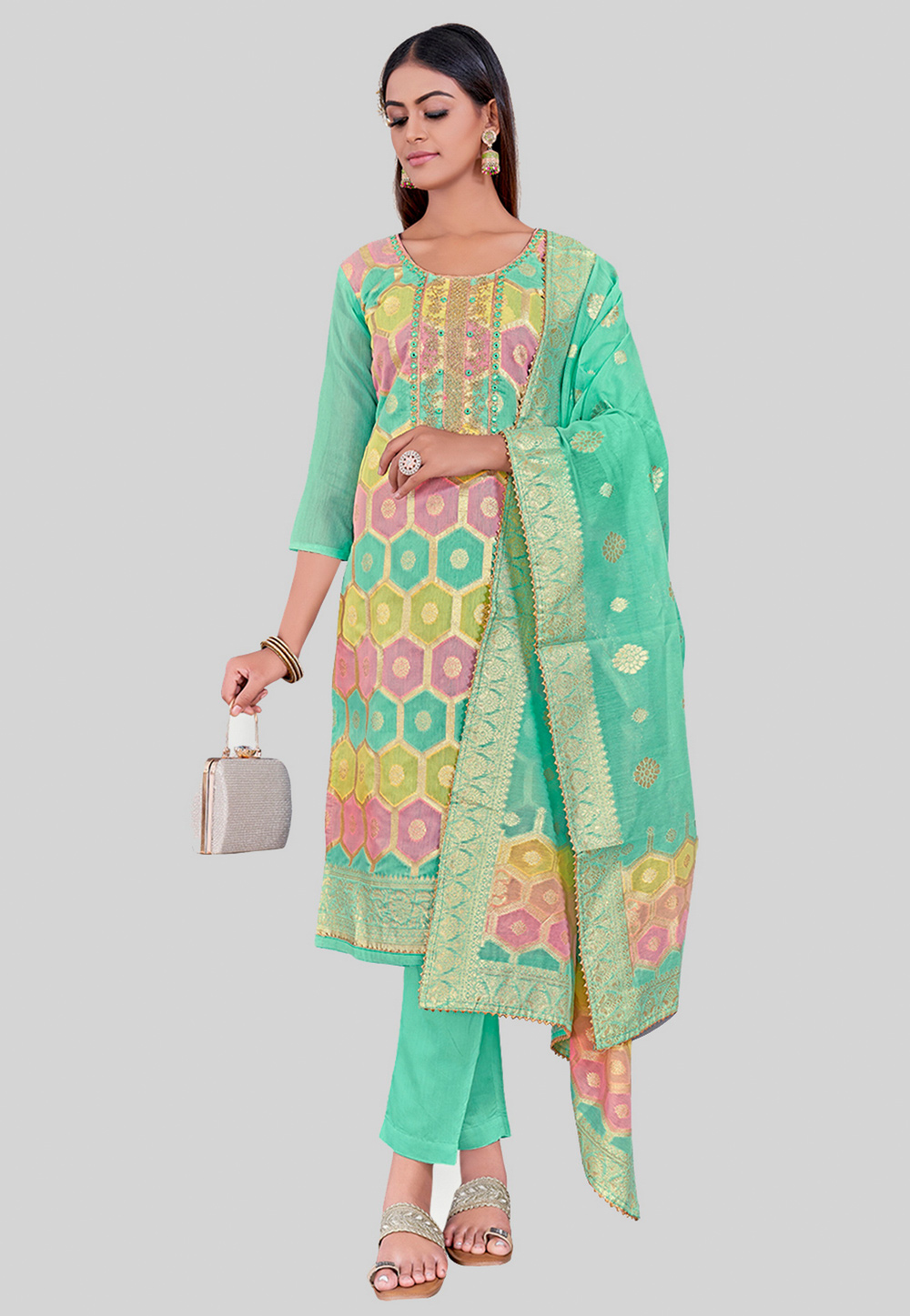 Sea Green Chanderi Silk Pakistani Suit 284474