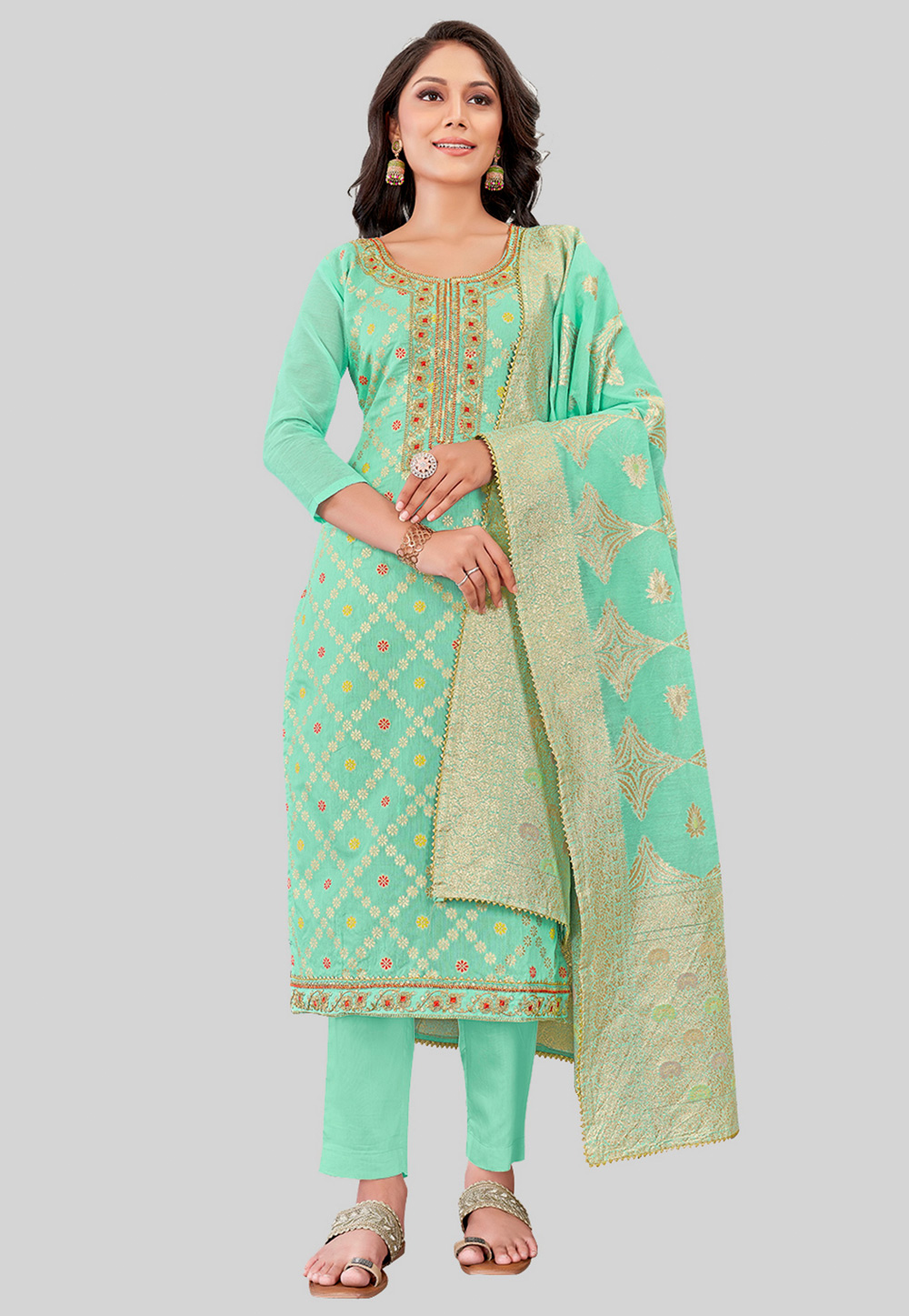 Sea Green Chanderi Silk Pakistani Suit 284478