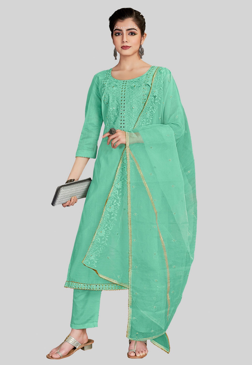 Sea Green Chanderi Silk Pakistani Suit 284593