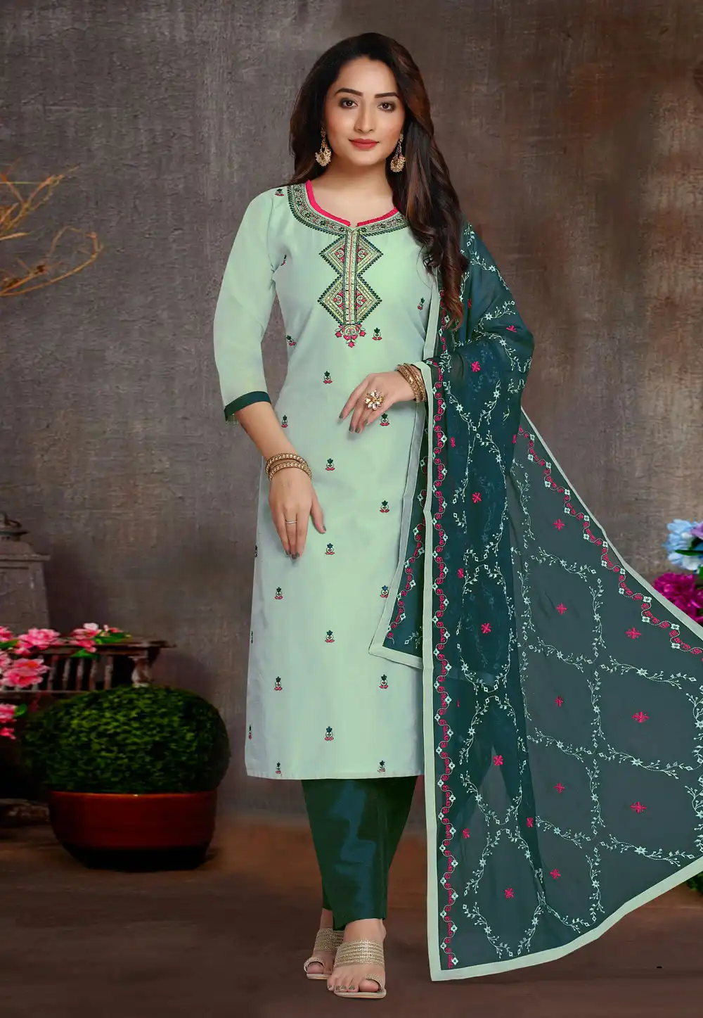 Sea Green Chanderi Silk Readymade Pant Style Suit 291403