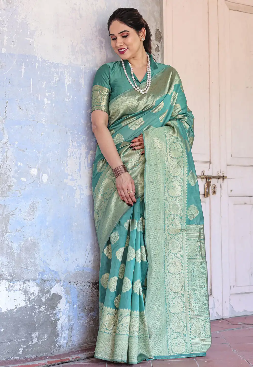 Sea Green Chanderi Silk Saree With Blouse 291278