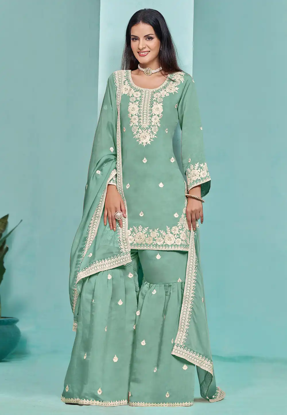 Sea Green Chanderi Silk Sharara Suit 292855