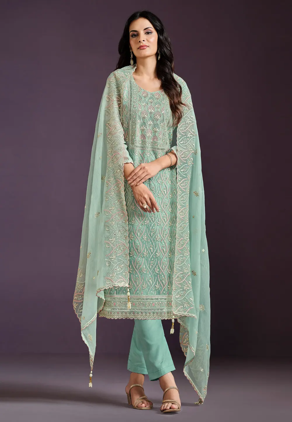 Sea Green Chiffon Embroidered Pakistani Suit 297960