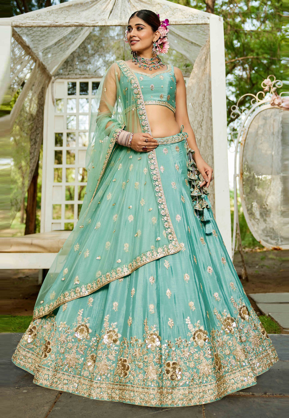 Sea Green Chiffon Lehenga Choli 311153