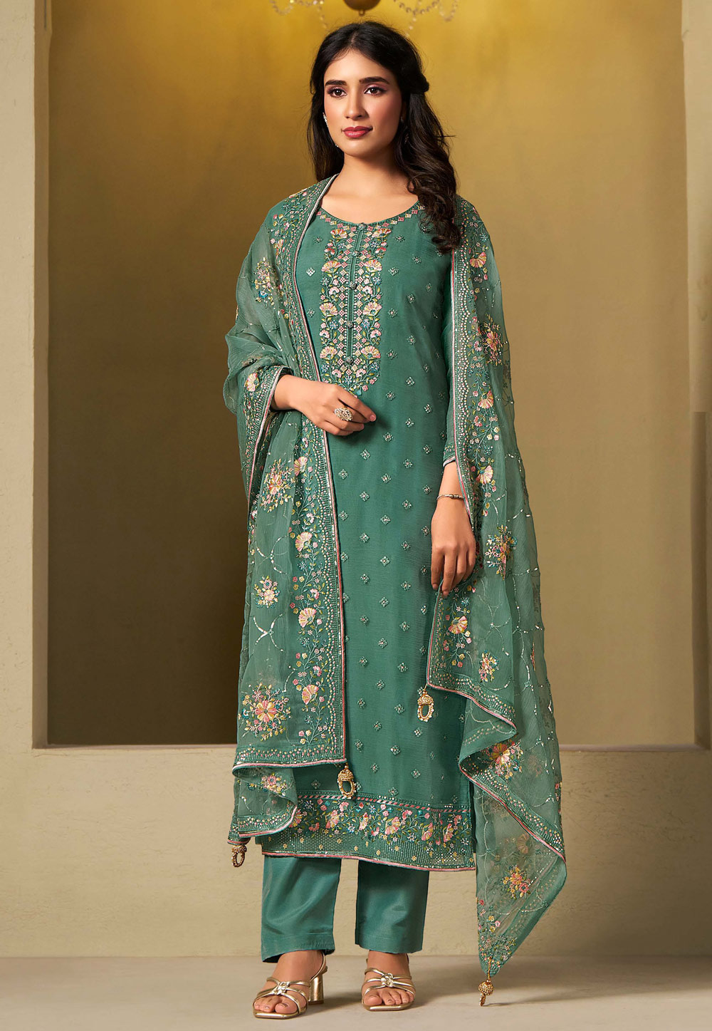 Sea Green Chiffon Pant Style Suit 310934