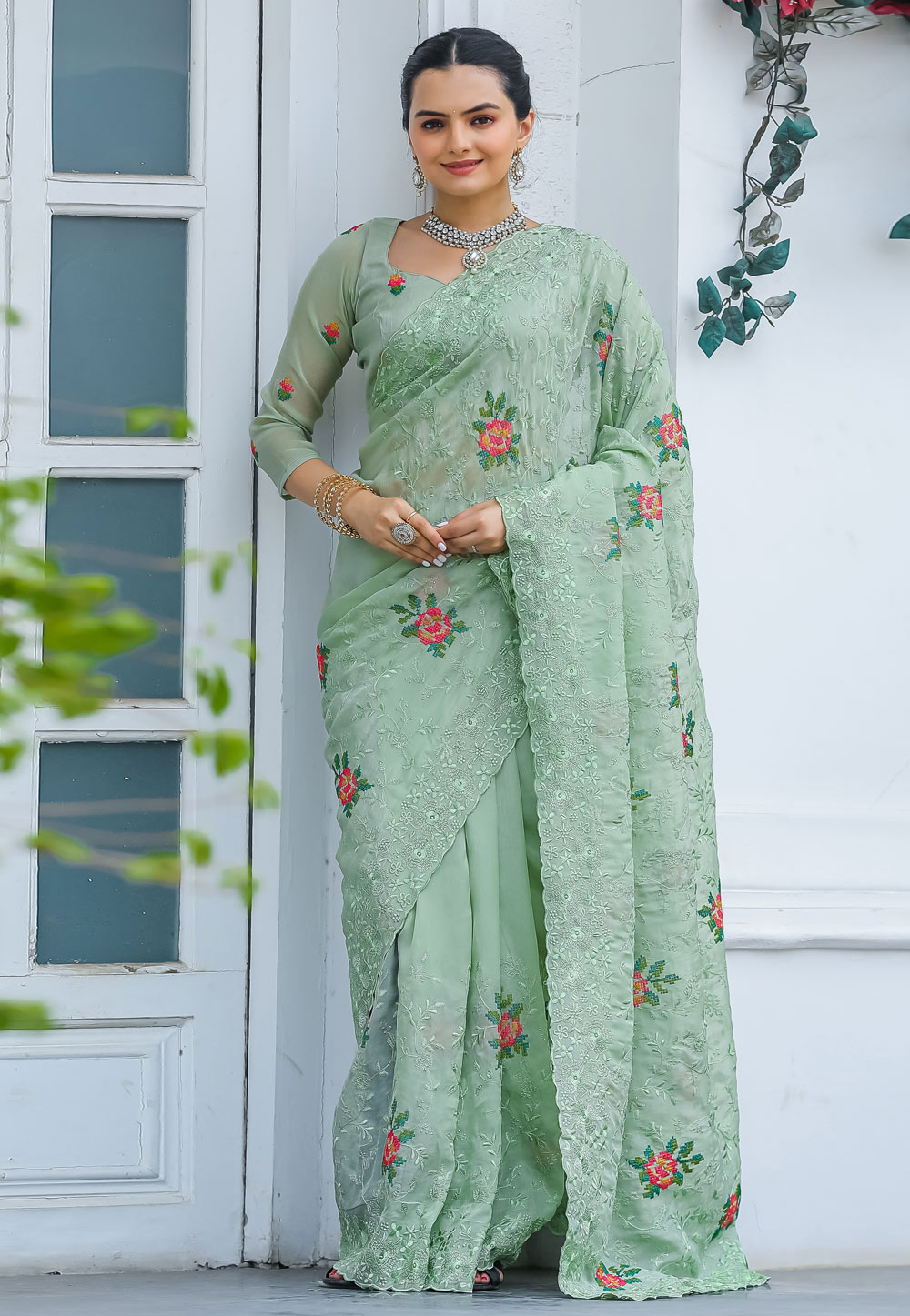 Sea Green Chiffon Saree With Blouse 287657