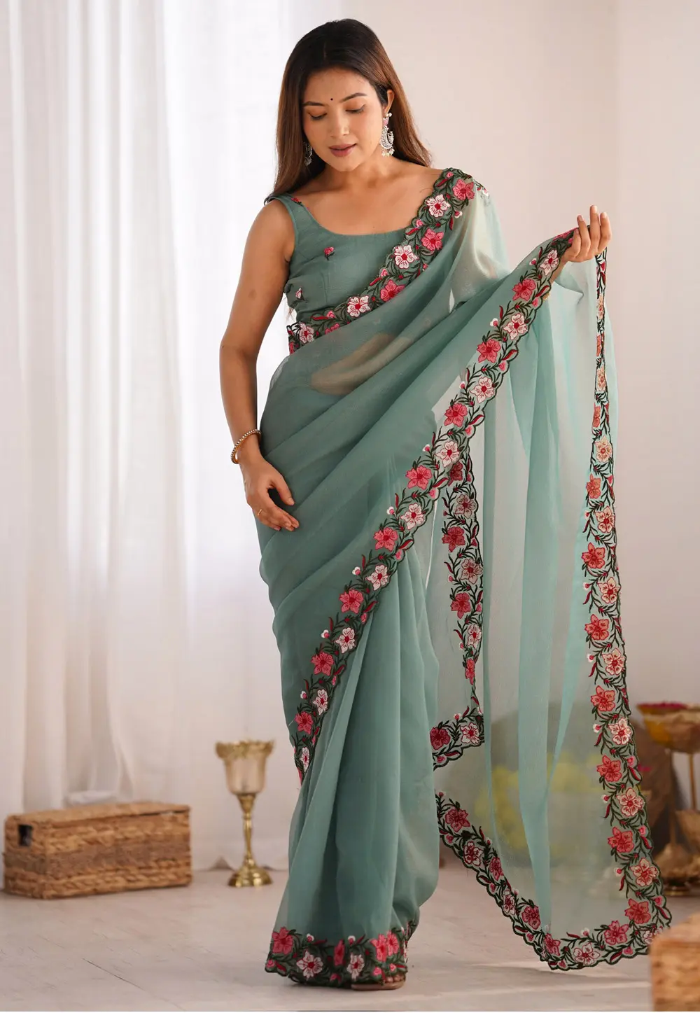 Sea Green Chiffon Saree With Blouse 298843