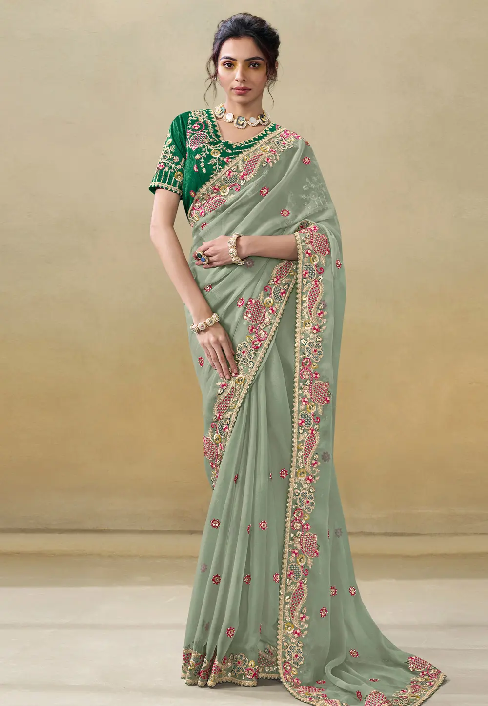 Sea Green Chiffon Saree With Blouse 301928