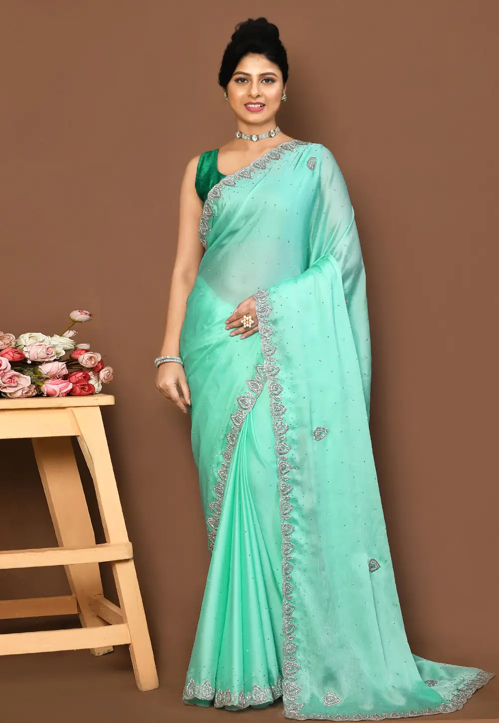 Sea Green Chiffon Saree With Blouse 296011