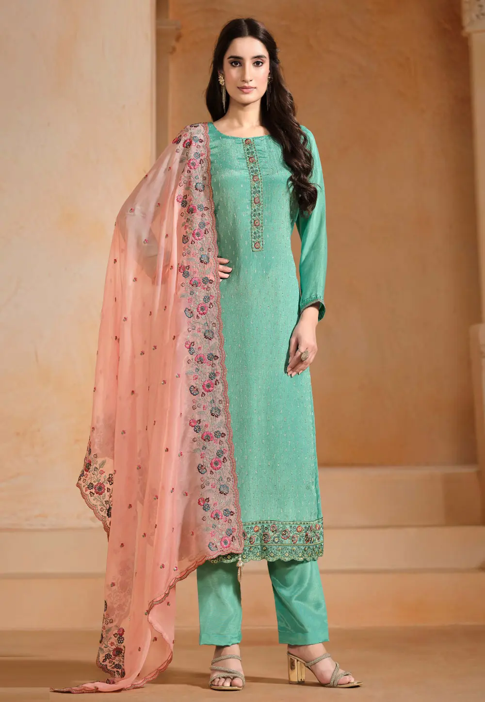 Sea Green Chinon Chiffon Pakistani Suit 299125