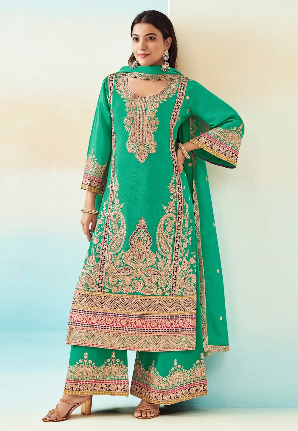 Sea Green Chinon Embroidered Pakistani Suit 290799