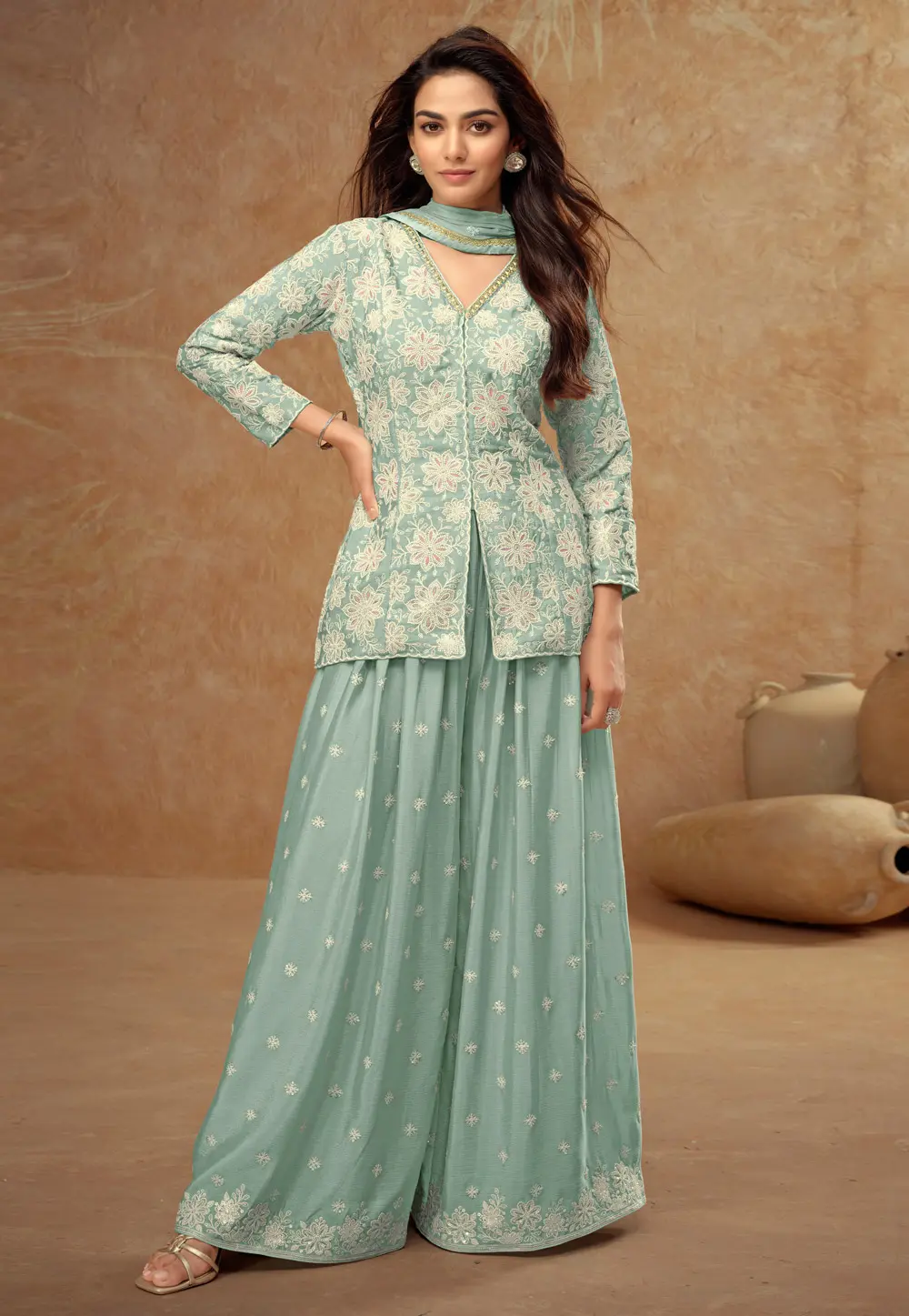 Sea Green Chinon Embroidered Pakistani Suit 300884