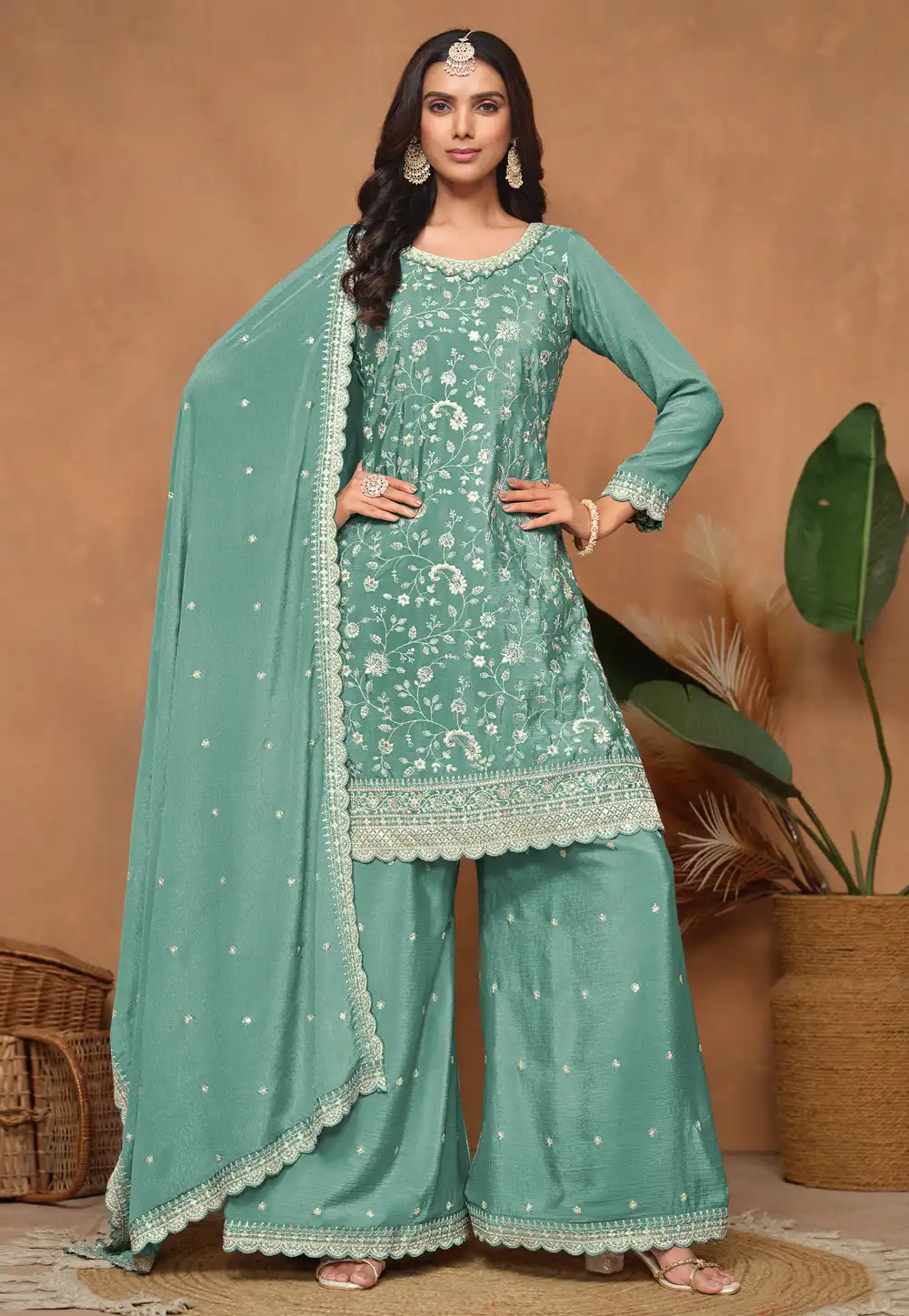 Sea Green Chinon Embroidered Palazzo Suit 292165